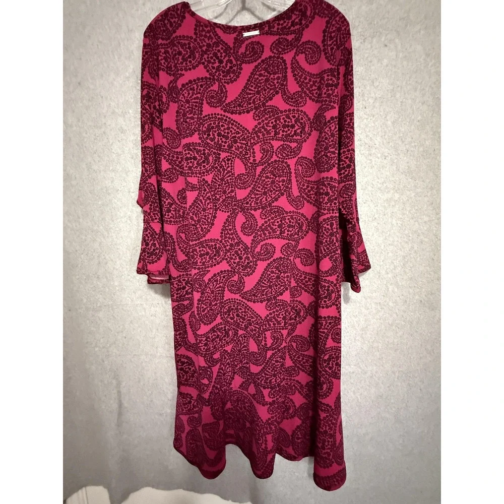 Michael Kors Dress Womens 2X Pink‎ Paisley Jersey Bell Sleeve Shift Midi Casual